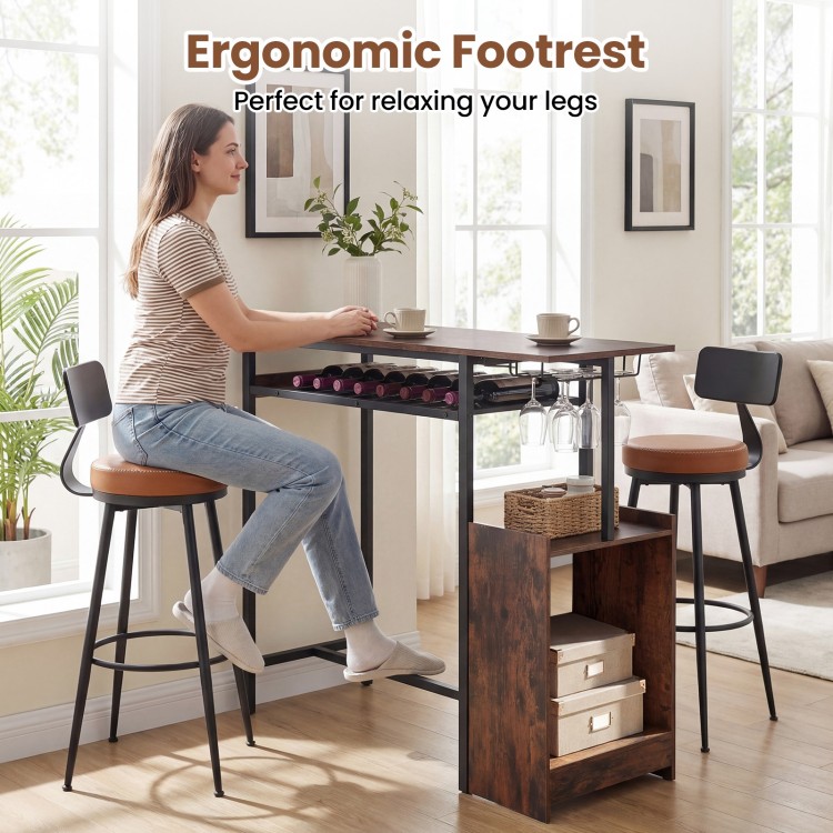 Rectangular bar table in rustic brown with charging station, LED light, and wine rack, perfect for dining or kitchen.
