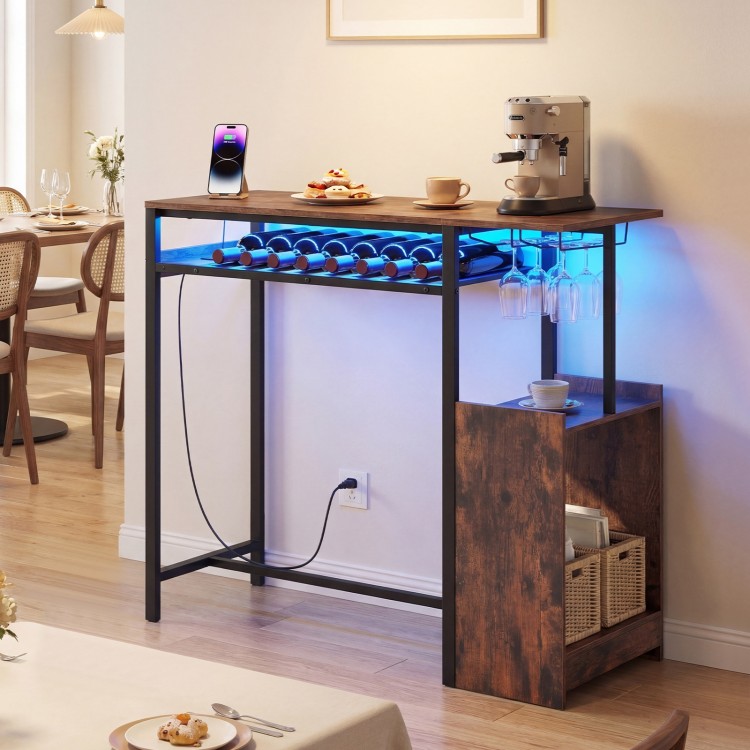 Rectangular bar table in rustic brown with LED lights, charging station, and wine rack for stylish kitchen storage.