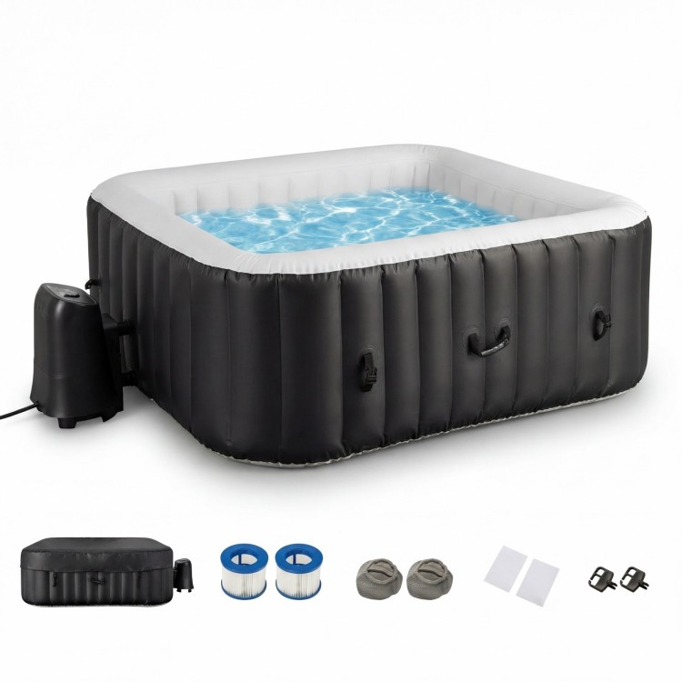 Rectangular black blowup hottub for 4-6 people with 130 air jets, insulated cover, and smart touch panel for easy.