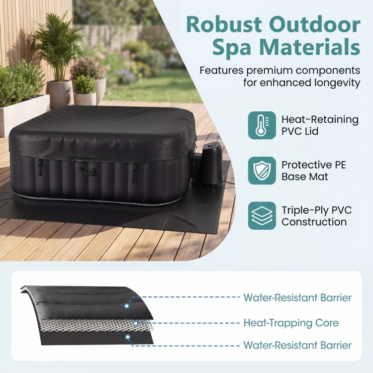 Rectangular black blowup hot tub with 130 air jets, featuring robust PVC materials for outdoor use and insulation.
