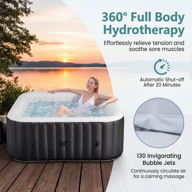 Rectangular blowup hot tub with 130 air jets, designed for 4-6 people, providing soothing hydrotherapy for outdoor.