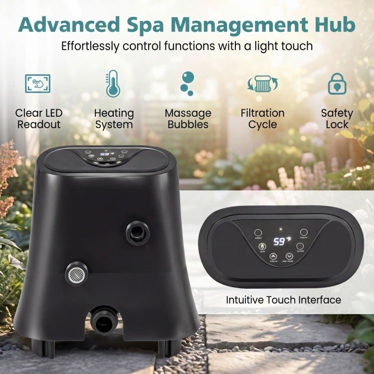 Rectangular black blowup pool hottub with 130 air jets, LED display, and smart touch panel for easy operation.