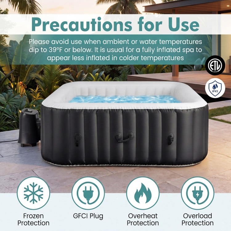 Rectangular black blowup hottub with 130 air jets, designed for 4-6 people, featuring safety precautions for use.