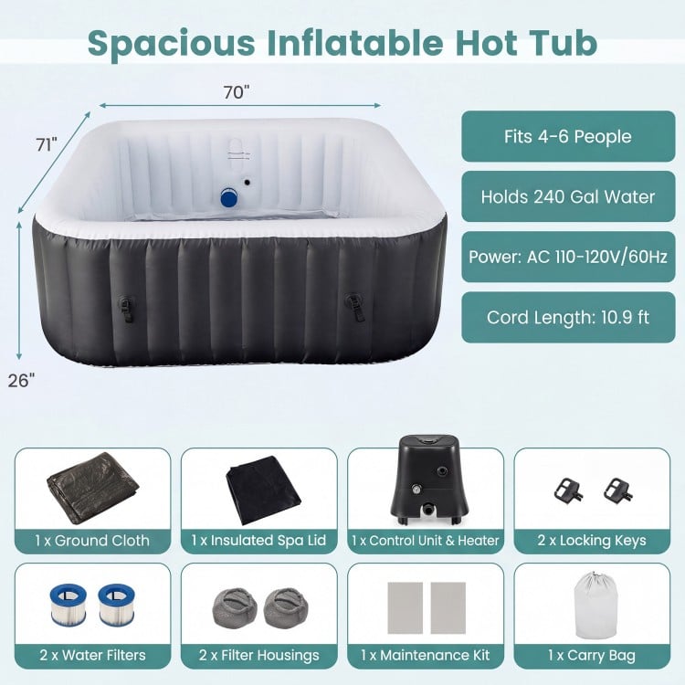 Rectangular inflatable hot tub for 4-6 people in black, featuring 130 air jets and insulated PVC walls for durability.