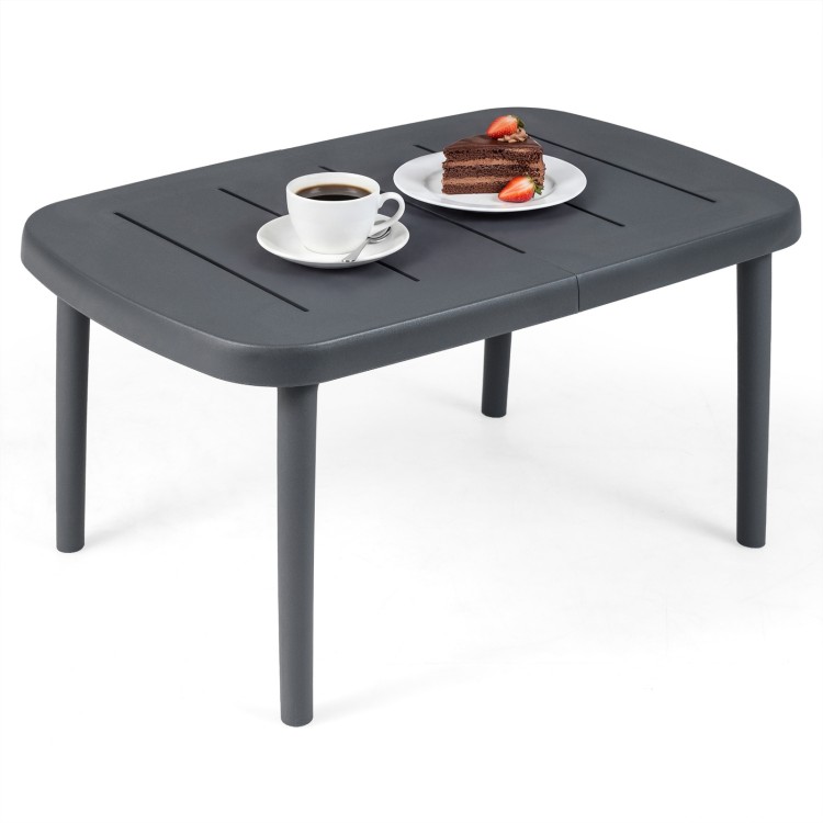 Rectangular gray patio side table with aluminum alloy rods, ideal for poolside use, featuring a spacious tabletop for.