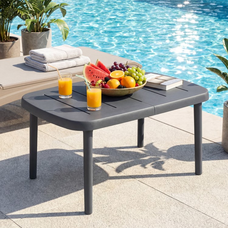 Rectangular gray patio side table with aluminum alloy rods, perfect for poolside use, holding drinks and snacks.