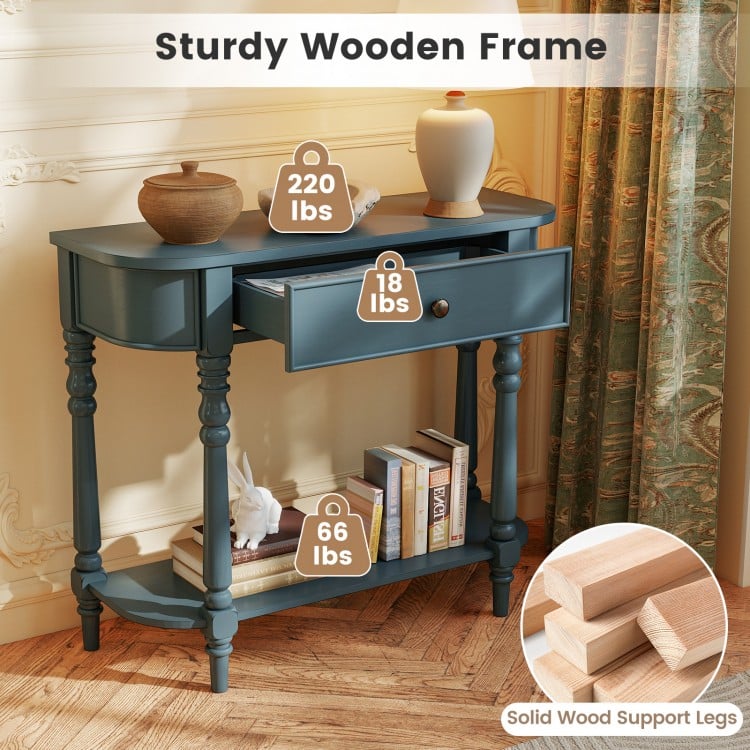 Retro blue console table with sturdy wooden frame, drawer, and open shelf for versatile storage in narrow spaces.