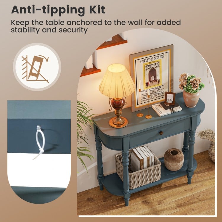 Retro blue console table with anti-tipping kit, featuring a drawer and open shelf for versatile storage in narrow.