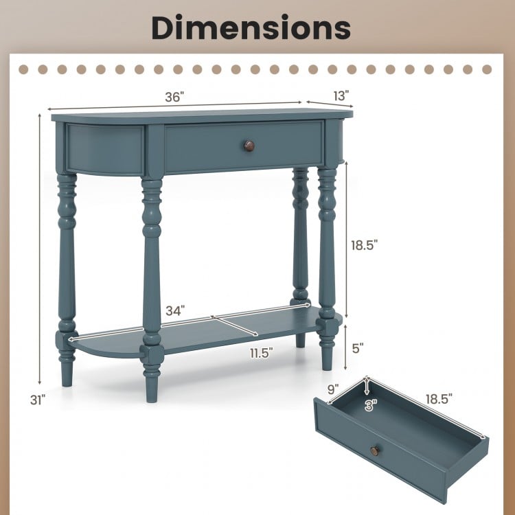 Retro blue console table with dimensions, featuring a drawer and open shelf for versatile storage in narrow spaces.