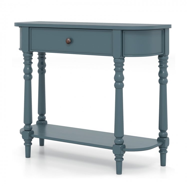 Blue retro console table with sturdy turned legs and a spacious shelf, ideal for narrow hallways or foyer areas.