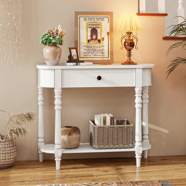 Narrow white retro console table showcasing a sturdy wooden frame and ample storage space for decorative items and.