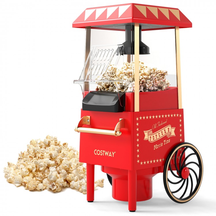 Retro hot air popcorn maker in red with measuring cup, producing oil-free popcorn for family movie nights.