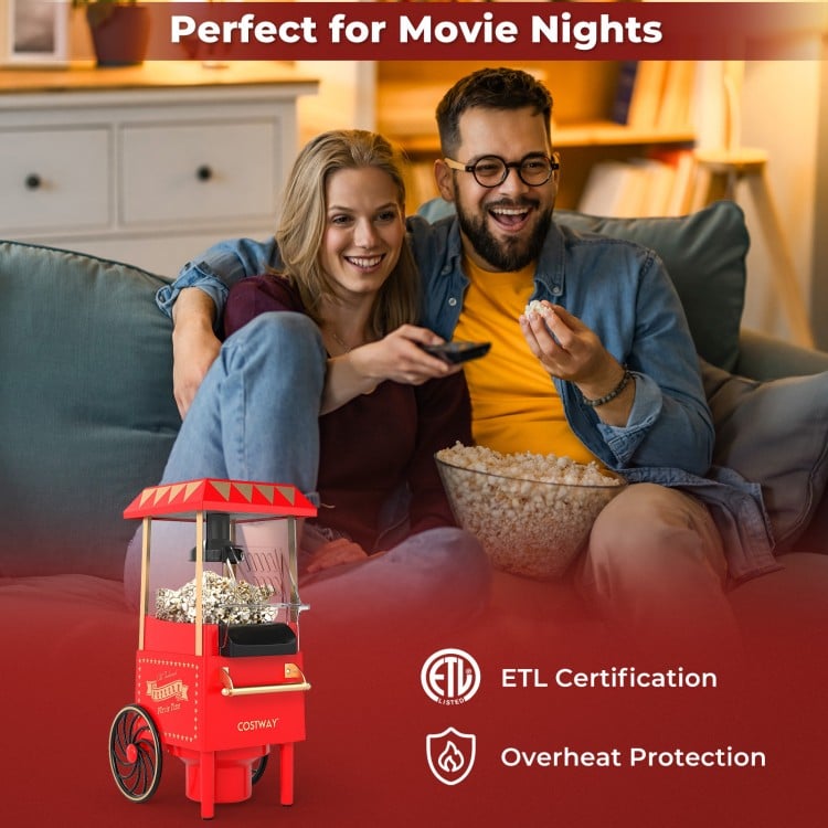 Retro hot air popcorn maker in red, 1200W, for oil-free popcorn, perfect for family movie nights and easy cleaning.