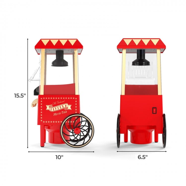 Retro hot air popcorn maker in red, 1200W, with measuring cup, ideal for healthy popcorn at home movie nights.