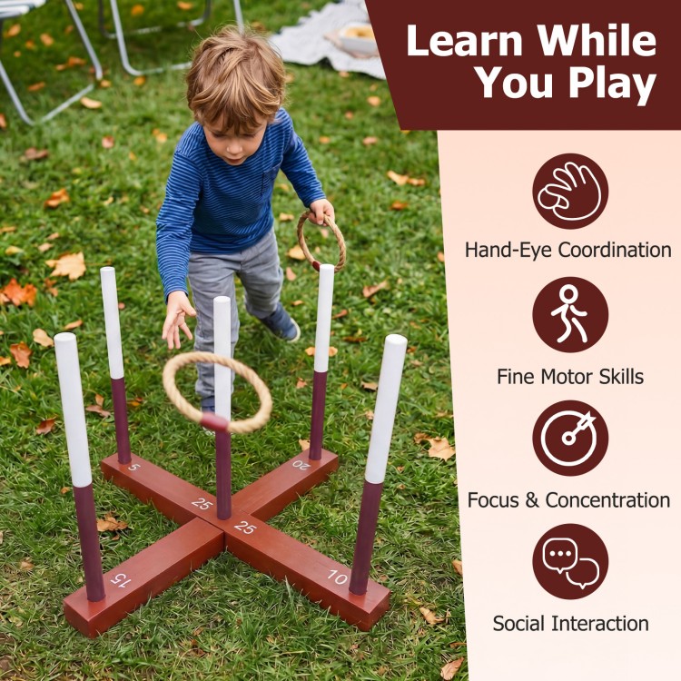 Ring toss game for kids and adults featuring a painted solid wood frame and 6 durable rope rings for outdoor fun.