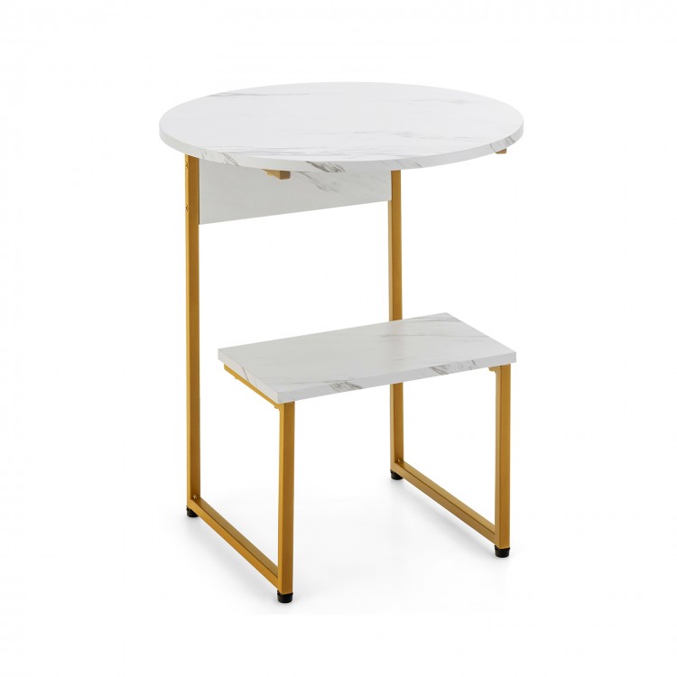 Compact 2-tier round end table with faux marble top and gold metal frame, perfect as a nightstand or side table.
