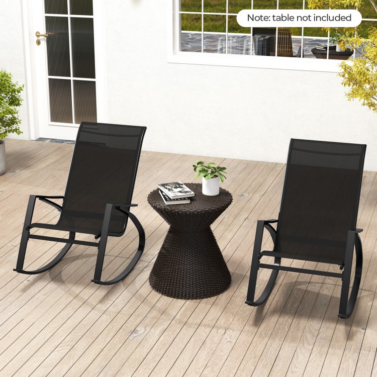 Two black patio rocking chairs with ergonomic backrests, perfect for relaxing in the backyard or poolside.