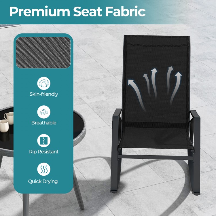 Black patio rocking chair featuring breathable, quick-drying fabric and ergonomic backrest for outdoor relaxation.
