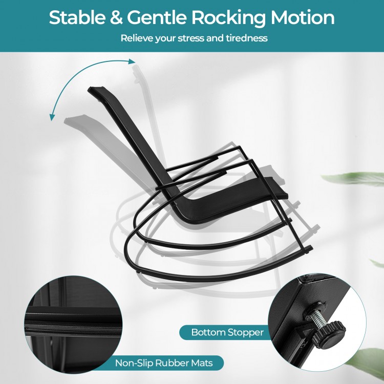 Black patio rocking chair showing ergonomic backrest and non-slip rubber mats for safe outdoor relaxation.