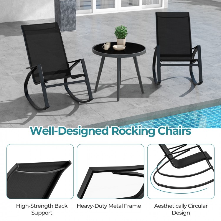Black patio rocking chairs with ergonomic backrest and sturdy metal frame, perfect for backyard relaxation by the.