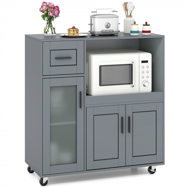 Rolling kitchen island in gray with wheels, featuring a microwave space, glass door cabinet, and spacious tabletop for.
