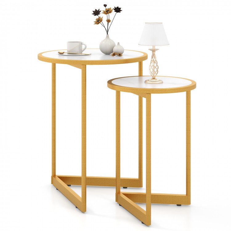 Round nesting table set of 2 with white marble tops and gold frames, perfect for modern decor and versatile use.