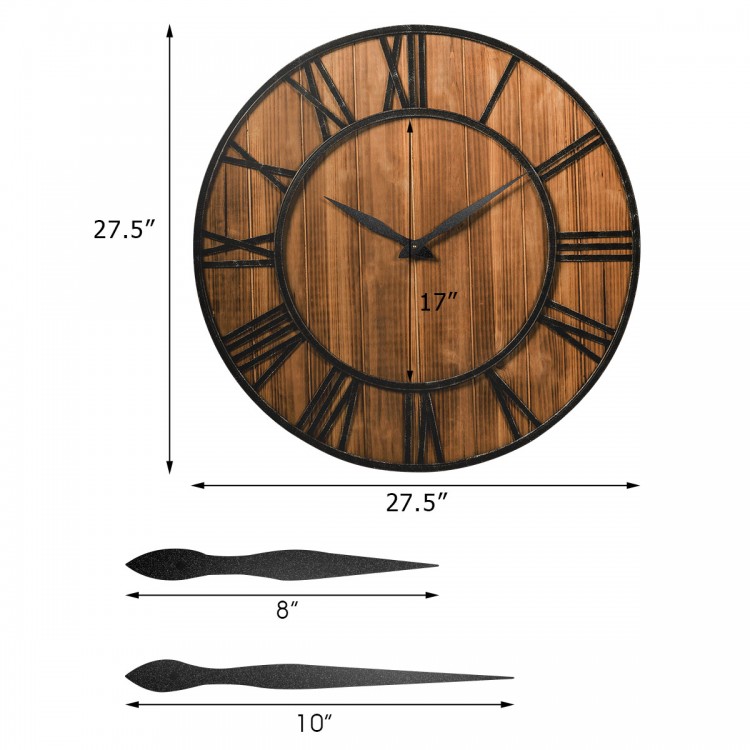 Side view of the 27-inch round wooden wall clock featuring thick wood panel and metal Roman numerals, ideal for stylish.