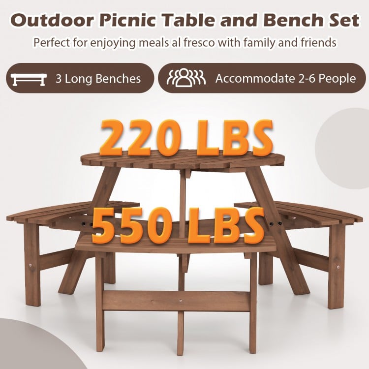 Round picnic table set with 3 built-in benches, crafted from fir wood, ideal for outdoor meals with family and friends.