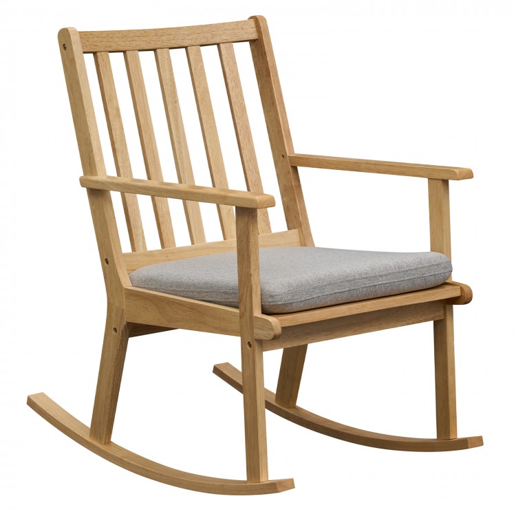 Natural solid rubber wood rocking chair with a padded seat cushion, designed for comfort and relaxation in any home.