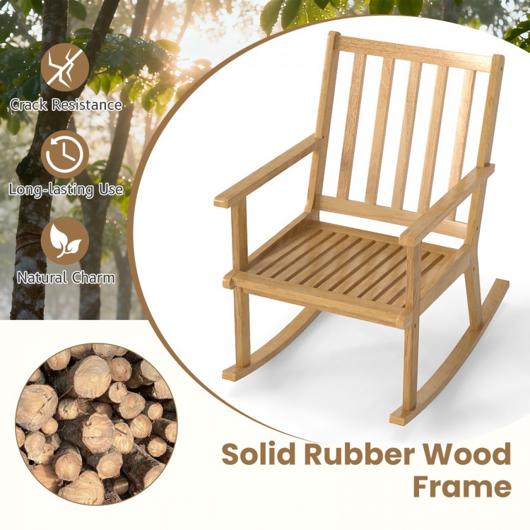 Rocking chair with a solid rubber wood frame and padded seat cushion, perfect for relaxation and comfort in any setting.