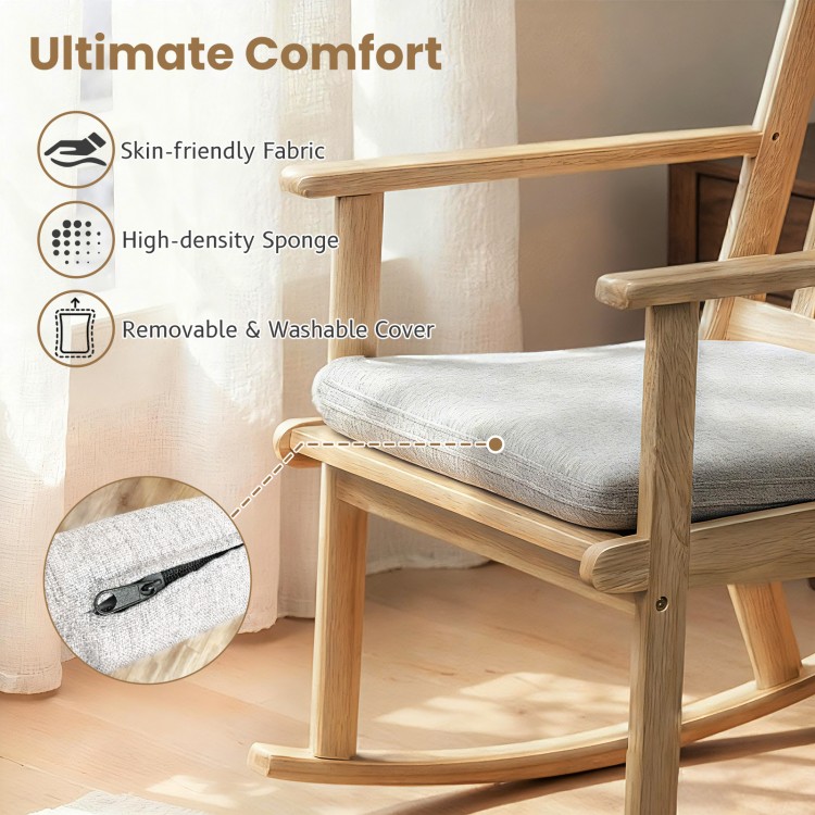 Rocking chair with padded seat in natural rubber wood, featuring a removable cover for easy cleaning and ergonomic.