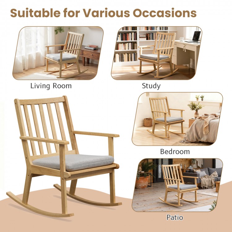 Natural rubber wood rocking chair with a soft cushion, perfect for relaxing in the living room, study, or patio.