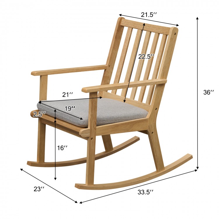 Natural rubber wood rocking chair with padded seat, ergonomic backrest, and slat design for comfort and relaxation.
