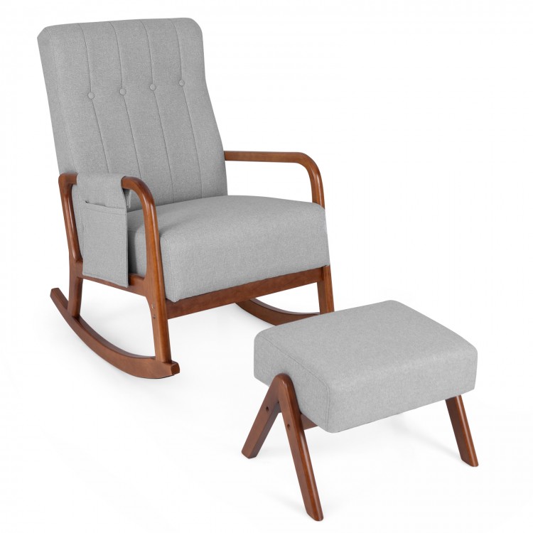 Gray rocking chair with ottoman, featuring a solid rubber wood frame and tufted design, perfect for living room.