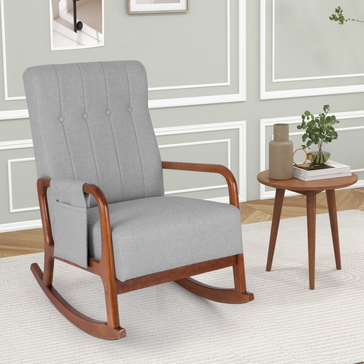 Gray rocking chair with solid rubber wood frame and padded cushion, perfect for living room relaxation and comfort.