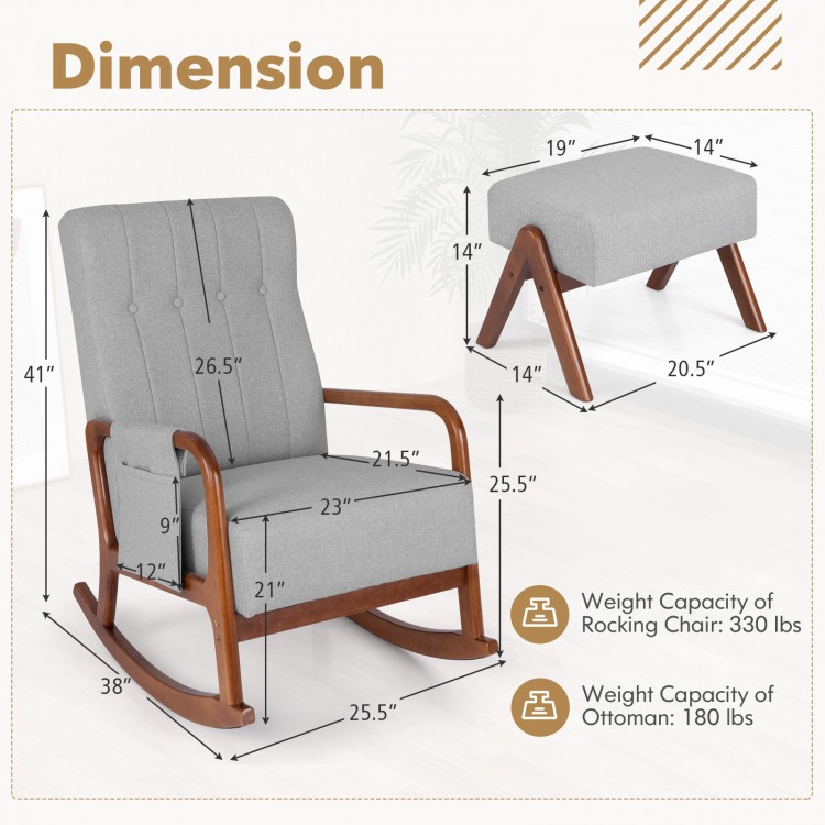 Rocking chair with ottoman in gray, featuring a solid rubber wood frame and tufted design, ideal for living room.