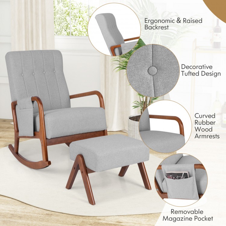 Gray rocking chair with ottoman, rubber wood frame, ergonomic backrest, and tufted design for living room relaxation.