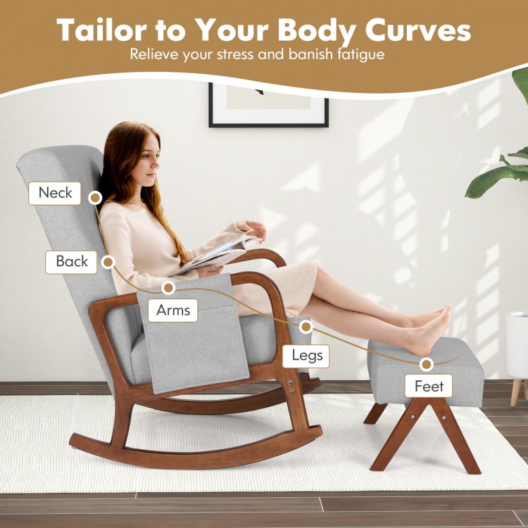 Gray rocking chair with ottoman, solid rubber wood frame, ergonomic design for relaxation in living room or bedroom.
