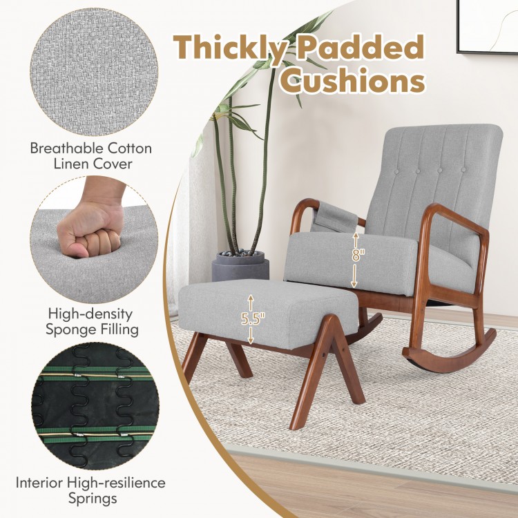 Gray rocking chair with ottoman, featuring a solid rubber wood frame and thickly padded cushions for enhanced comfort.
