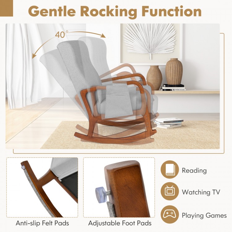 Gray rocking chair with ottoman, solid rubber wood frame, padded cushion, ideal for reading and relaxation in any room.