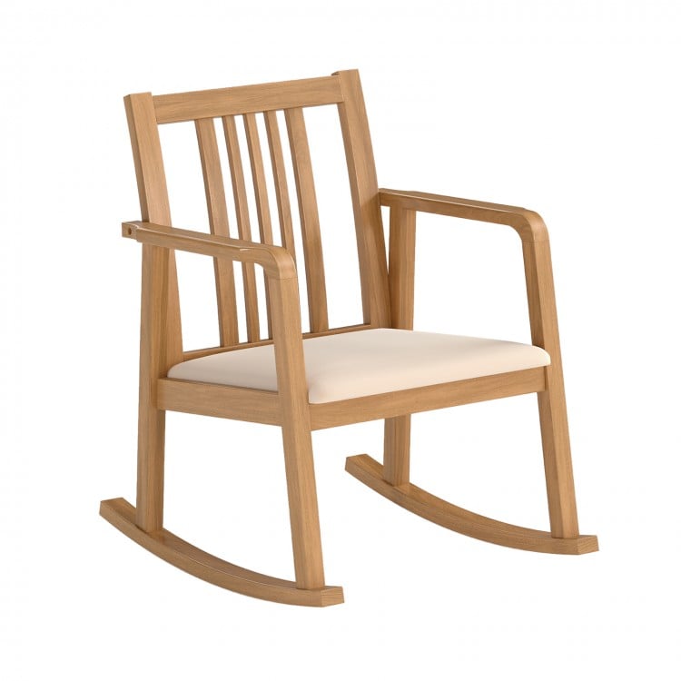 Natural rocking chair with slatted back, curved armrests, and soft linen seat for comfortable relaxation.
