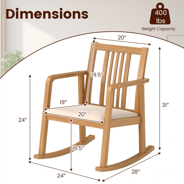 Natural rocking chair with slatted back, curved armrests, and soft linen seat, designed for comfort and stability.