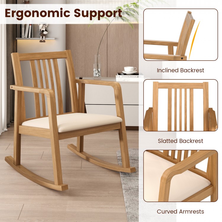 Rocking chair with slatted back and curved armrests, made of natural rubber wood for comfort and stability.