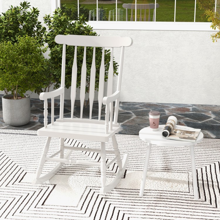 White rocking chair with solid rubber wood frame, contoured slatted back, ideal for garden and patio relaxation.