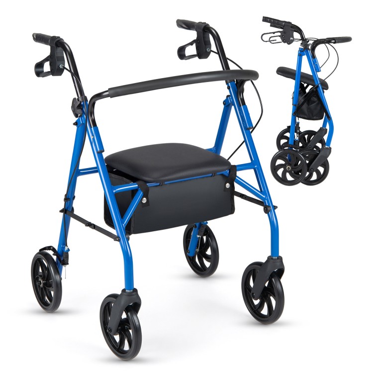 Blue rollator walker with seat, height adjustable handles, and storage bag, designed for stability and comfort.
