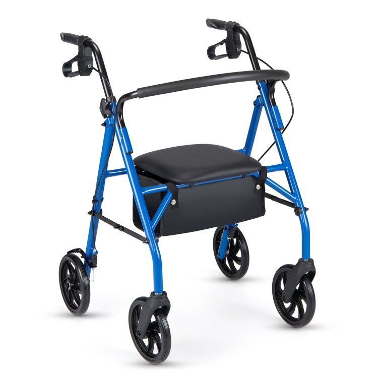 Blue rollator walker with a padded seat and backrest, designed for comfort and stability with a sturdy metal frame.