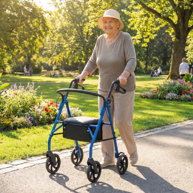 Senior woman using a blue rollator walker with seat, featuring adjustable handles, in a sunny park setting.