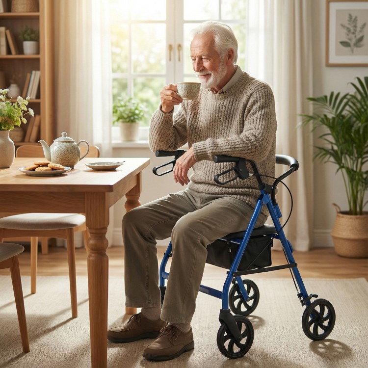 Rollator walker with seat in blue, featuring height adjustable handles and a sturdy frame, ideal for indoor use.