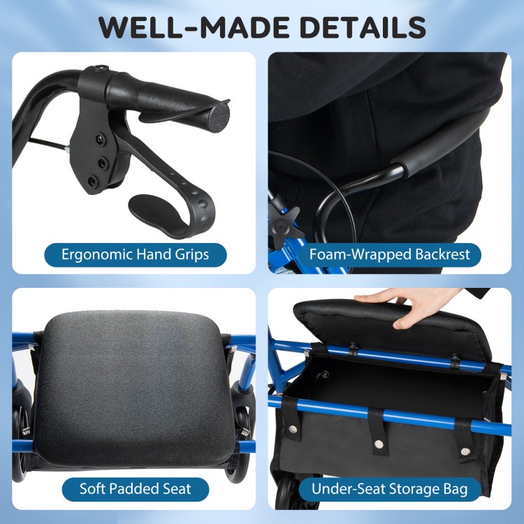 Ergonomic hand grips, padded seat, and under-seat storage bag of the blue rollator walker for comfort and convenience.