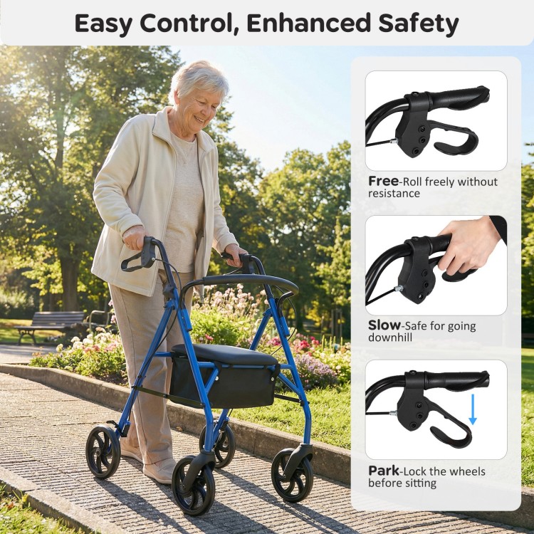 Rollator walker with seat in blue, featuring height adjustable handles and enhanced braking system for safe downhill.